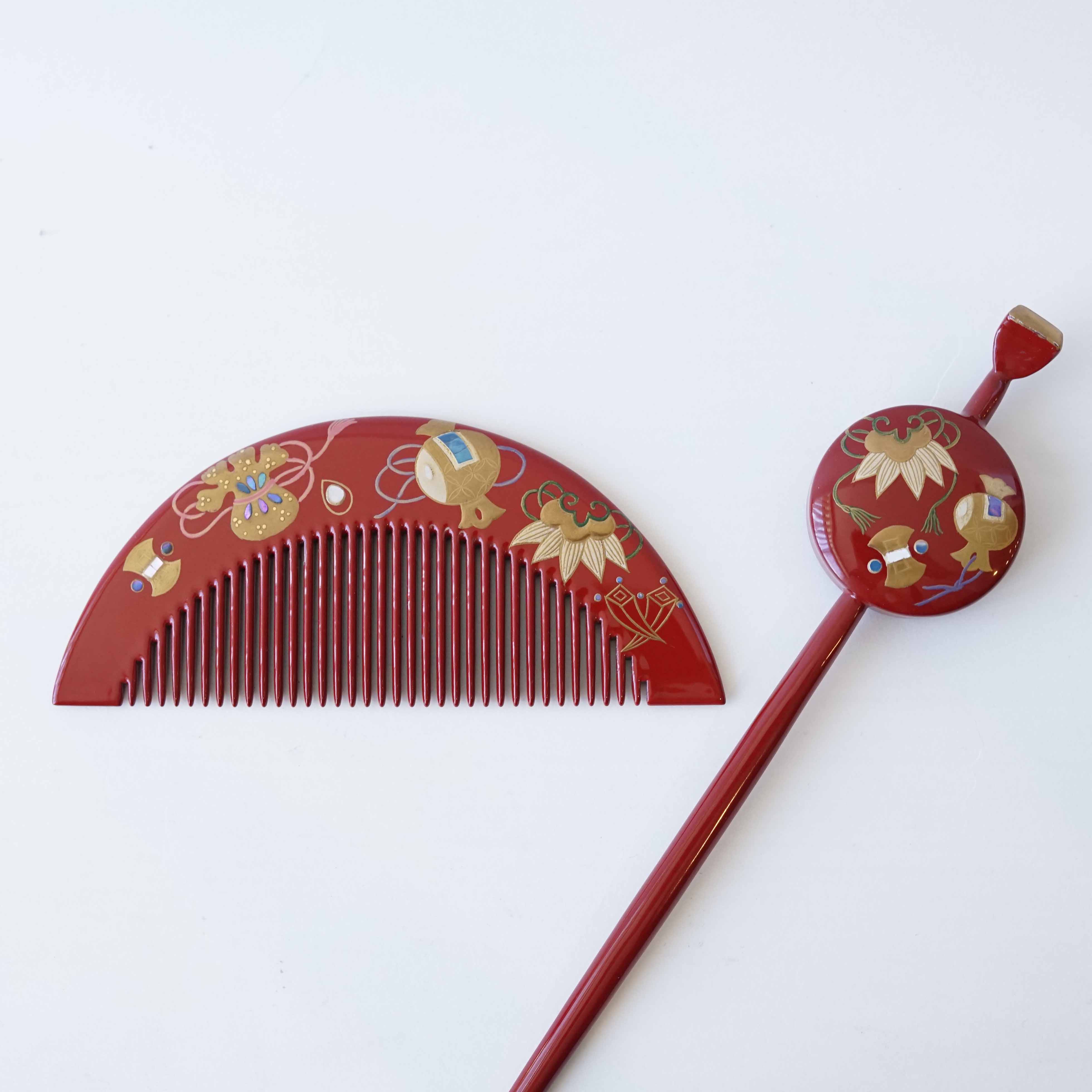 本漆純金蒔絵螺鈿 櫛・平打ちセット 宝尽し文様 平打ちセット（朱 