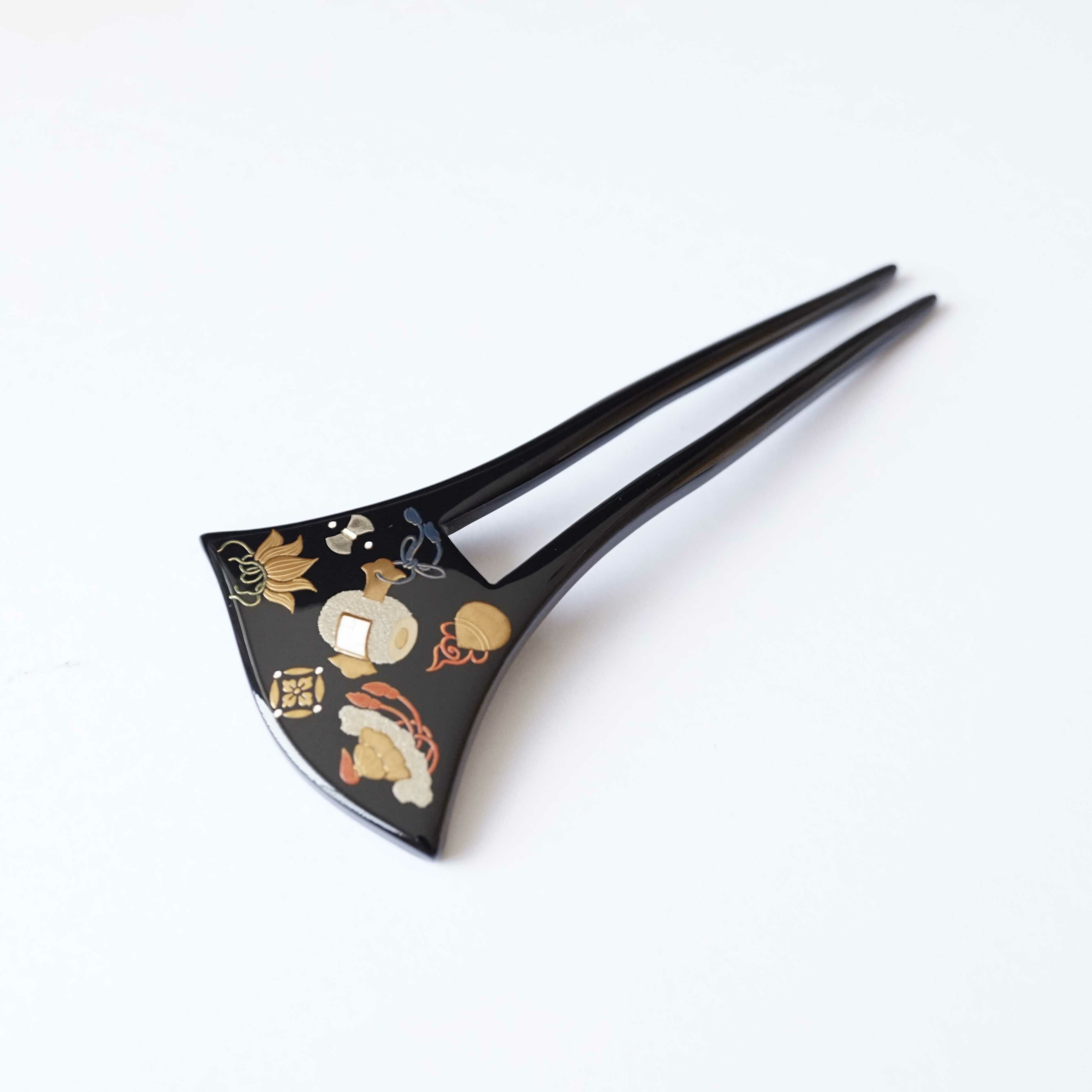 本漆純金蒔絵螺鈿かんざし 波型ピン（中） 光琳梅文様（黒色） | か 
