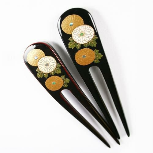 本漆純金蒔絵螺鈿かんざし 角丸ピン 万寿菊文様 | かづら清老舗
