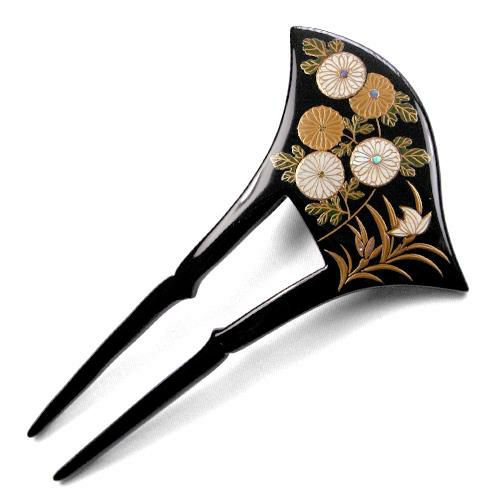 本漆純金蒔絵螺鈿かんざし 波型ピン（中） 四君子の内、万寿菊・春蘭  