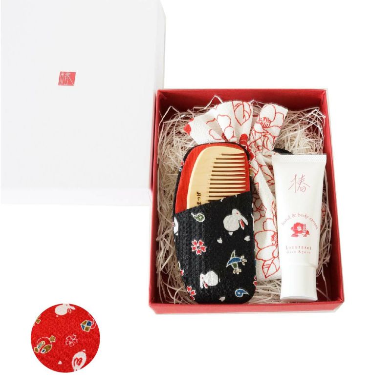 さつまつげ櫛 椿巾着セット（2色） | かづら清老舗オンラインショップ