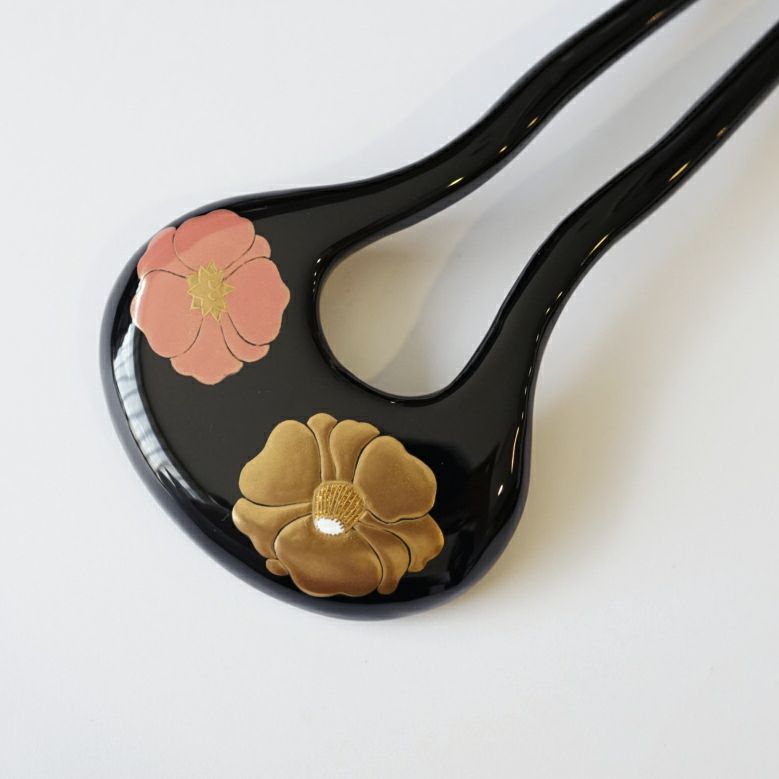本漆純金蒔絵螺鈿かんざし 新角ピン 白玉椿文様 | かづら清老舗 