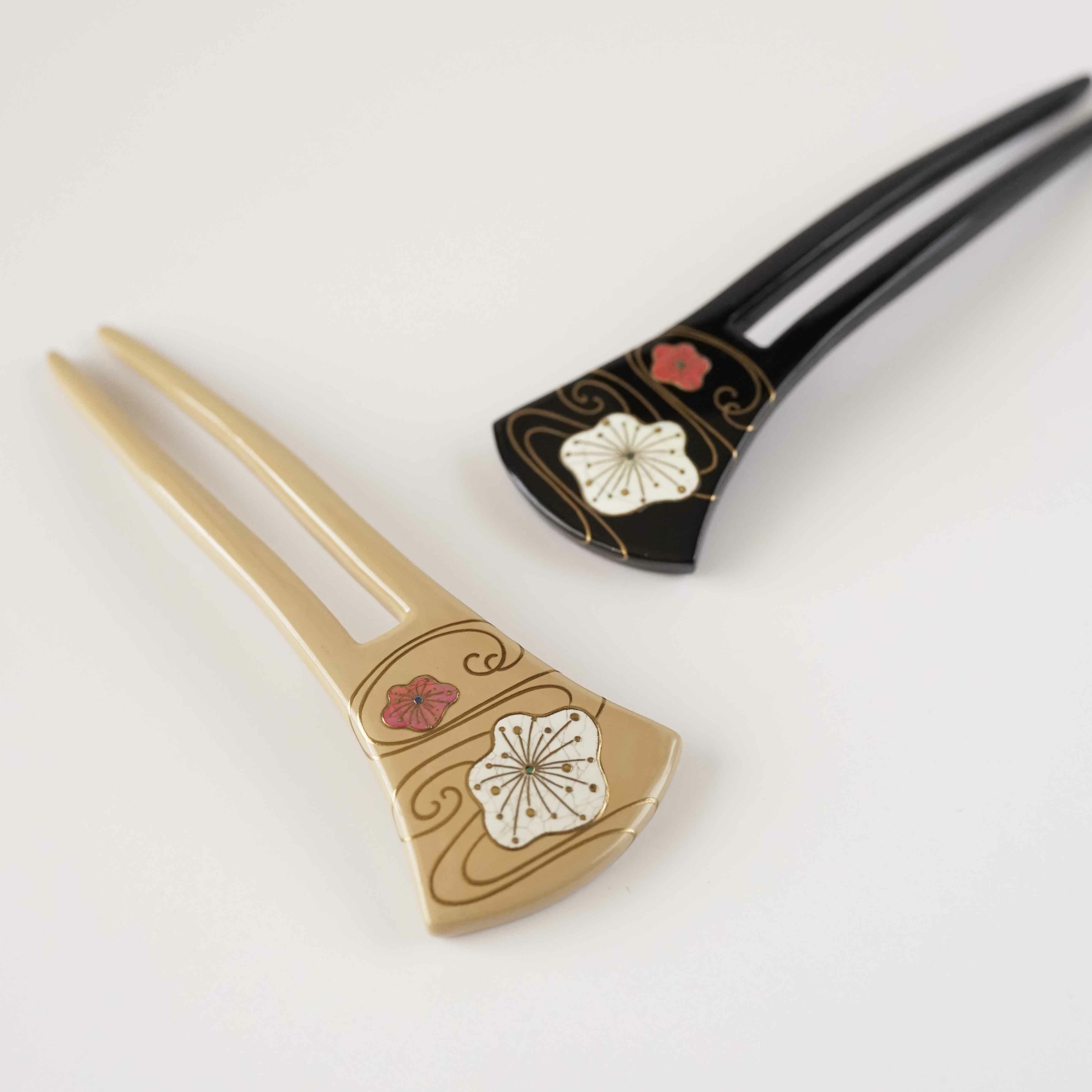 本漆純金蒔絵螺鈿かんざし 新角ピン 光琳梅文様 | かづら清老舗 
