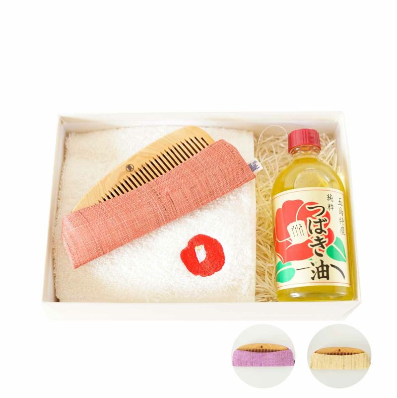 京都 かづら清老舗 つげ櫛 お手入れセット 櫛お手入れセット 刺繍椿ハンカチ付き(あかね櫛) | かづら清