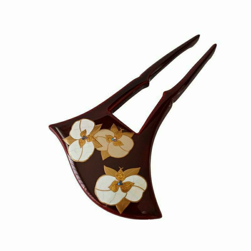 本漆純金蒔絵螺鈿かんざし 波型ピン（中） 光琳梅文様（黒色） 投げ飛ばす